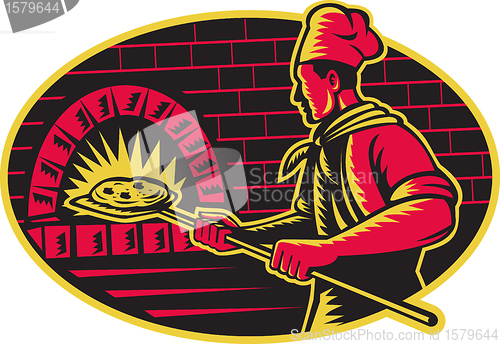 Image of Baker Baking Pizza Wood Oven Woodcut