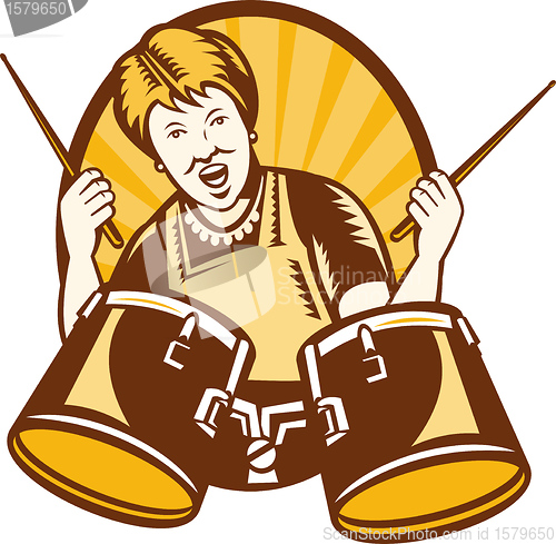 Image of Granny Playing The Drums Retro Woodcut