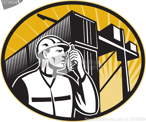 Image of Dock Worker Talking Phone Container Crane