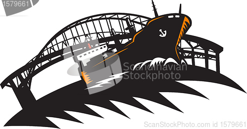 Image of Freighter Cargo Container Ship With Bridge