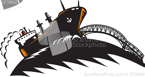 Image of Freighter Cargo Container Ship With Bridge