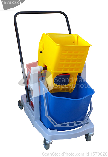 Image of Three Plastic Buckets on a Cleaners Trolley