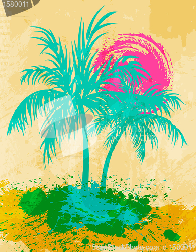 Image of Palm trees and sea shore, grunge background