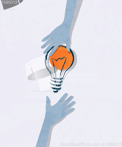 Image of illustration of idea bulb. Transfer of ideas from hand to hand.