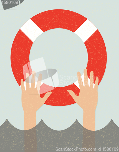 Image of life buoy and hands in water