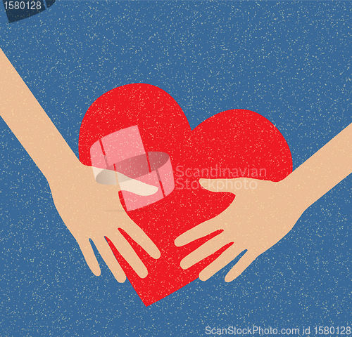 Image of Hand holding the heart. Charity. Hand, arm, sends the heart.