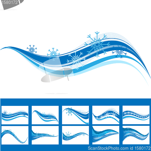 Image of blue wave abstract background with snowflakes