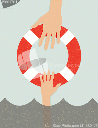 Image of life buoy and hands in water