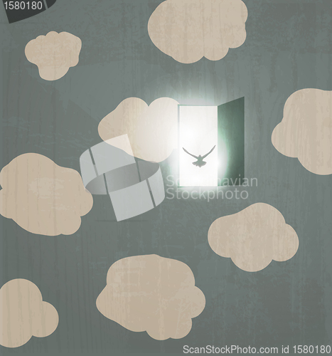 Image of Abstract concept poster. Dove flies through the door in the sky.
