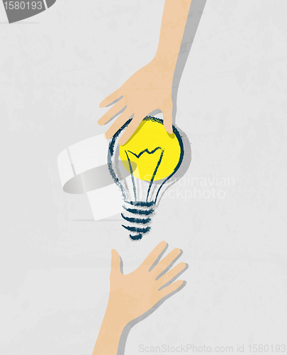 Image of illustration of idea bulb. Transfer of ideas from hand to hand.