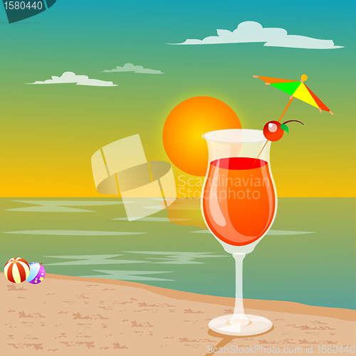 Image of leisures at beach - drink, beach ball, view of sun