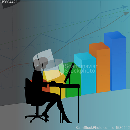 Image of woman working on computer,with bars and graph background