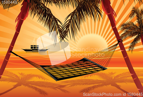 Image of silhouette view of sea and hammock,ship