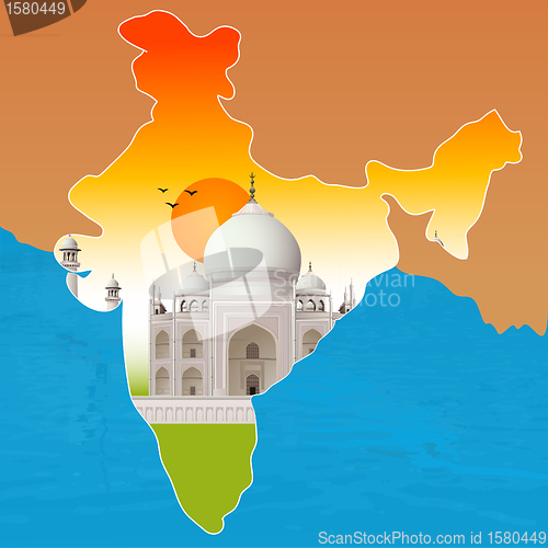 Image of Taj Mahal, agra, outline map of india