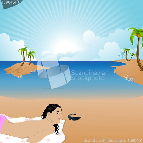 Image of woman having sunbath at a beach, shades, coconut trees