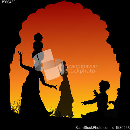 Image of silhouette view of people performing folk dance and music, india