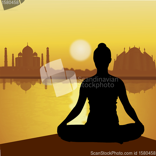 Image of human doing yoga with taj mahal background, lake side