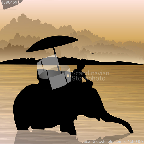 Image of silhouette view of human on elephant in water