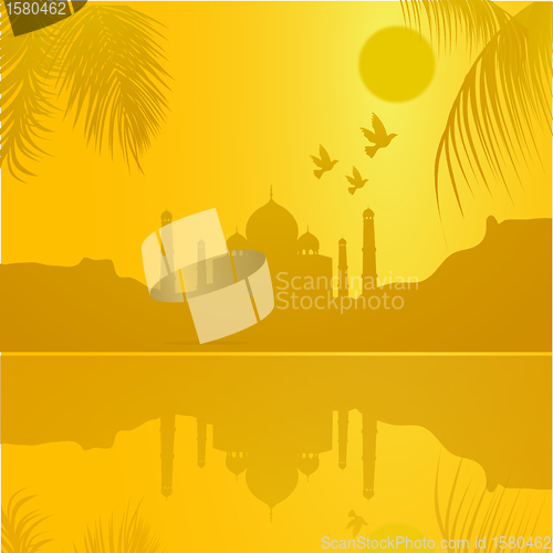 Image of silhouette view of Taj Mahal, agra, India, lake view