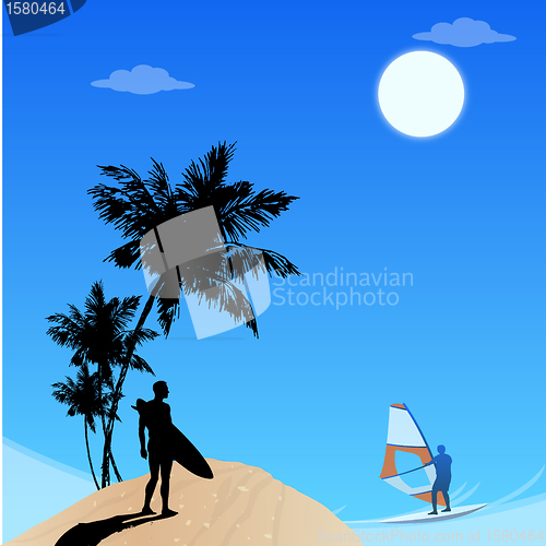 Image of view of beach,men surfing,leisure sports