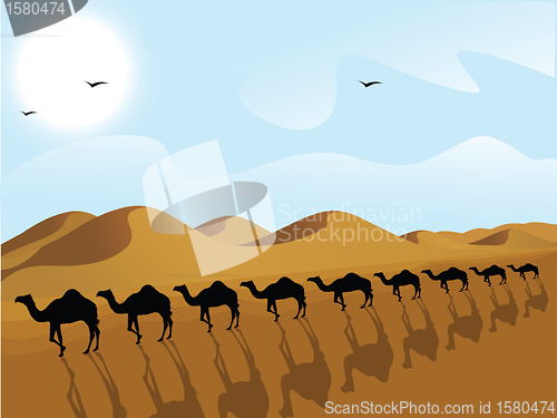 Image of silhouette view of row of camels in a desert