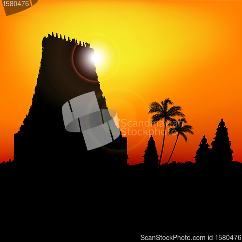 Image of silhouette view of temple, india, sunrise background