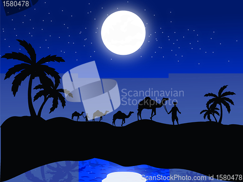 Image of silhouette view of camels and human in moonlight