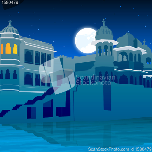 Image of view of palace on full moon, lake side