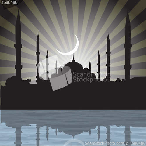 Image of silhouette of a mosque with rays, moon background