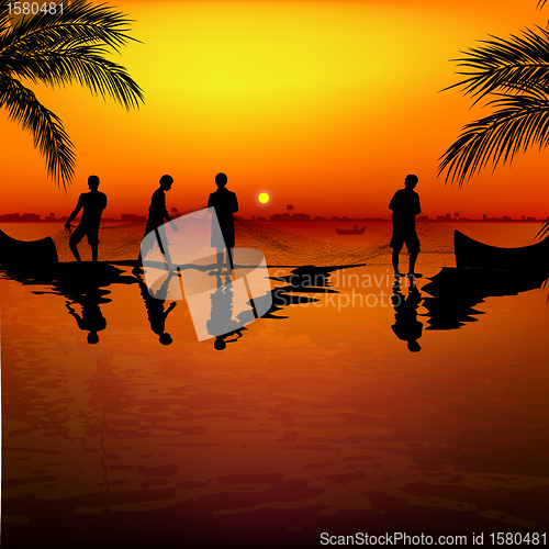 Image of silhouette view of fishermen using nets for fishing