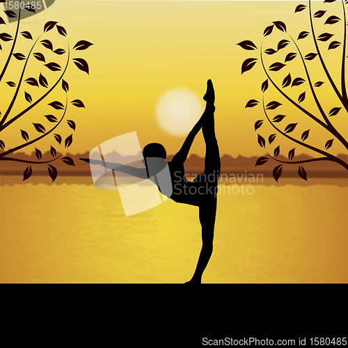 Image of human doing yoga with river and sun background