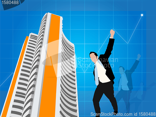 Image of business man expressing victory with stock exchange background