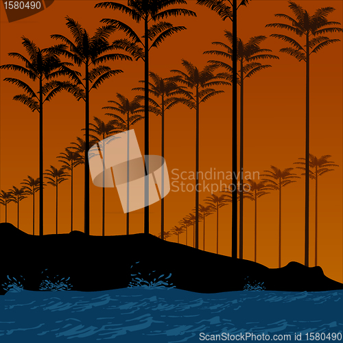 Image of landscape view of trees with sea and waves