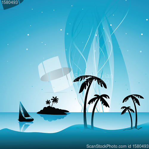 Image of silhouette of beach with islands,coconut trees and ship