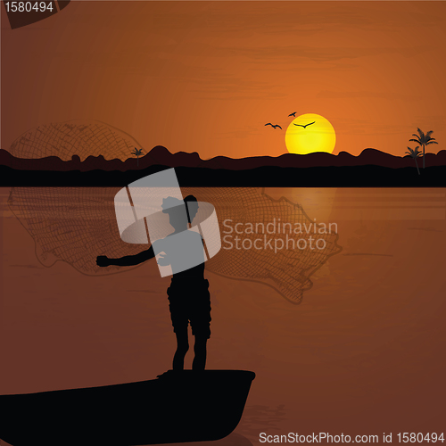 Image of fishermen using nets for fishing, sun background