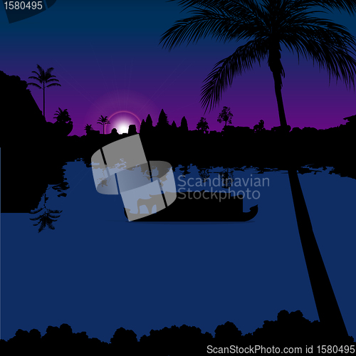 Image of silhouette view of boathouse in backwaters, kerala