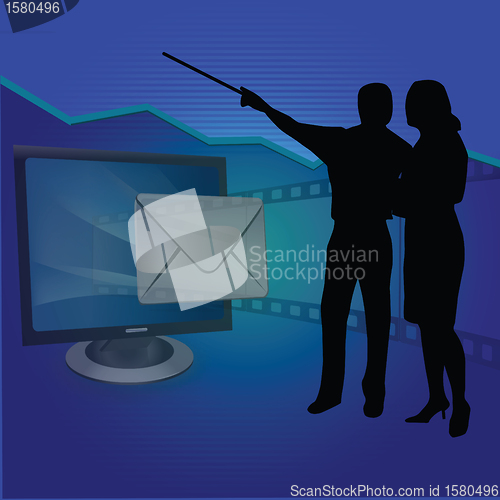 Image of business people with silhouettes of mails and presentation