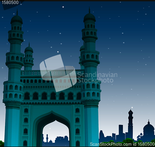 Image of view of charminar, hyderabad, india, night time