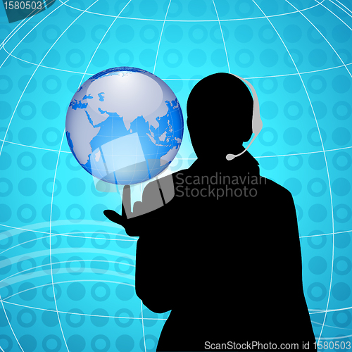 Image of woman having globe at finger tip, headphone