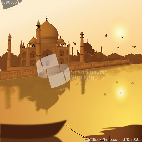 Image of Taj Mahal, agra, India, view of lake and boat