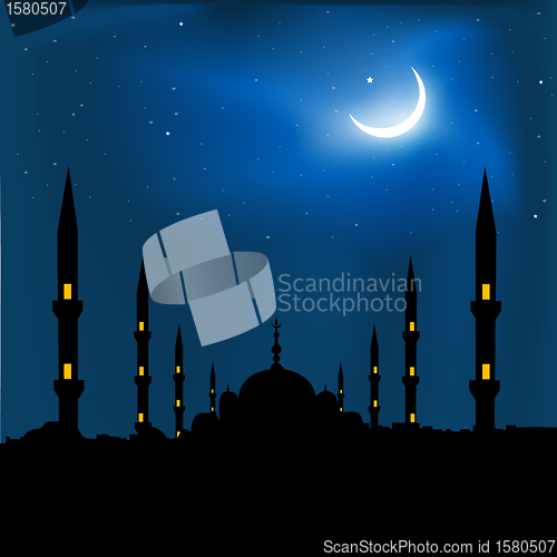 Image of silhouette of a mosque with crescent shape moon