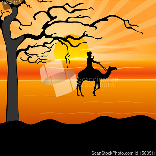 Image of silhouette of a man on camel, desert