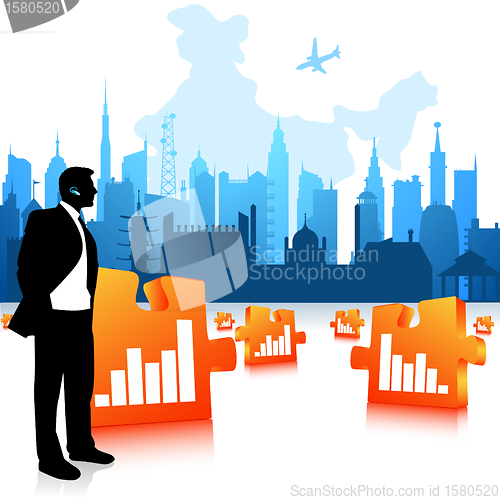Image of business man communicating, city background, jigsaw graph bars