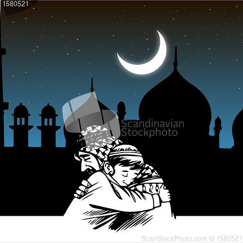 Image of father-son embracing,ramadaan,eid,mosque,festival