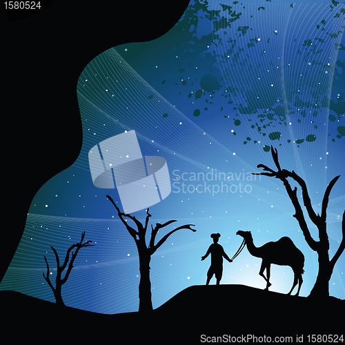 Image of silhouette view of a man with camel