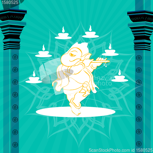 Image of statue of god ganesha with pillars and lamps