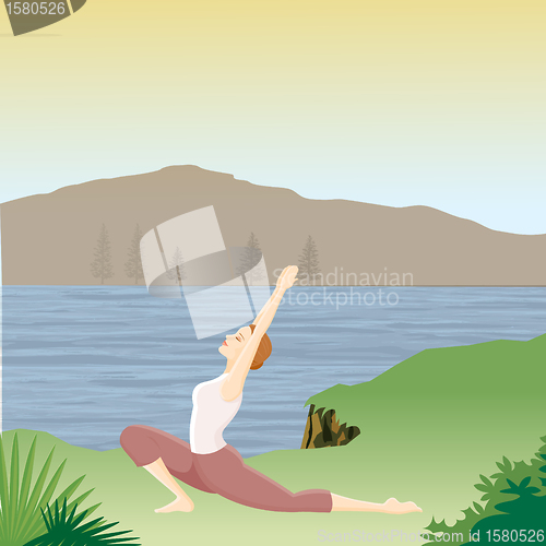 Image of woman doing yoga with river mountain background