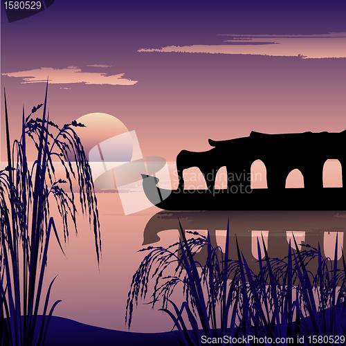 Image of silhouette of a boathouse,backwaters and sunrise background