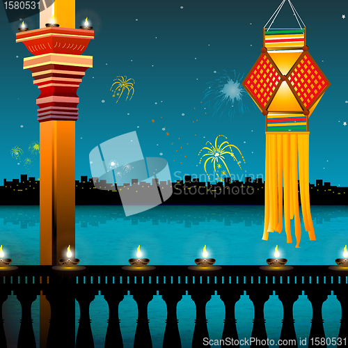 Image of lamp lighting, lanterns, fireworks, balcony,festival - diwali