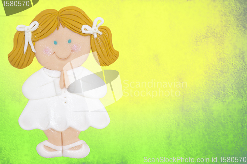 Image of greeting invitation card, first communion, blonde girl